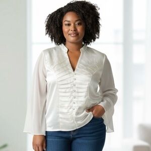 JR Nites‎ Ivory Holiday Blouse 12 NWT  Sheer Romantic Tuxedo